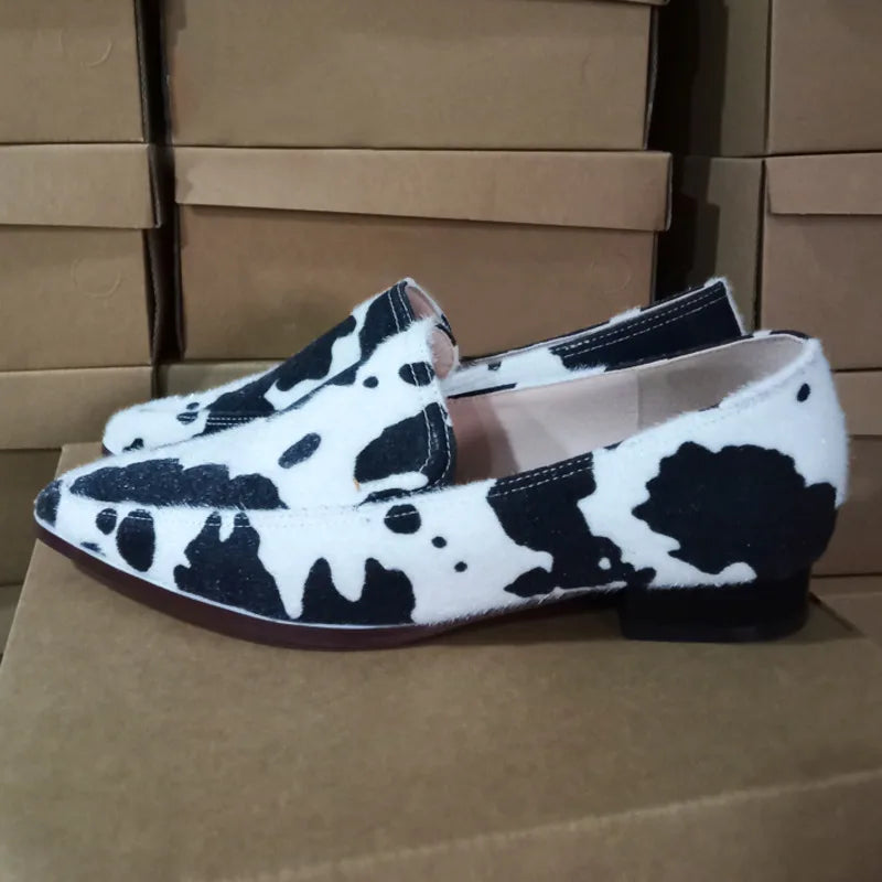 Cow Pattern Pointed Toe Casual Flat Loafers Women Boat Shoes Shallow Single Shoes
