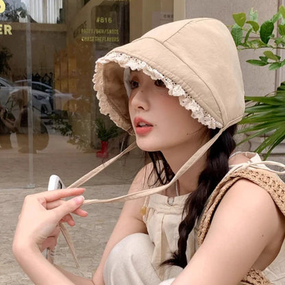 Japanese Retro Y2K Lace Edge Loli Hats for Women Spring and Summer Travel Photo Versatile Sunscreen Sweet Strap Sun Hat