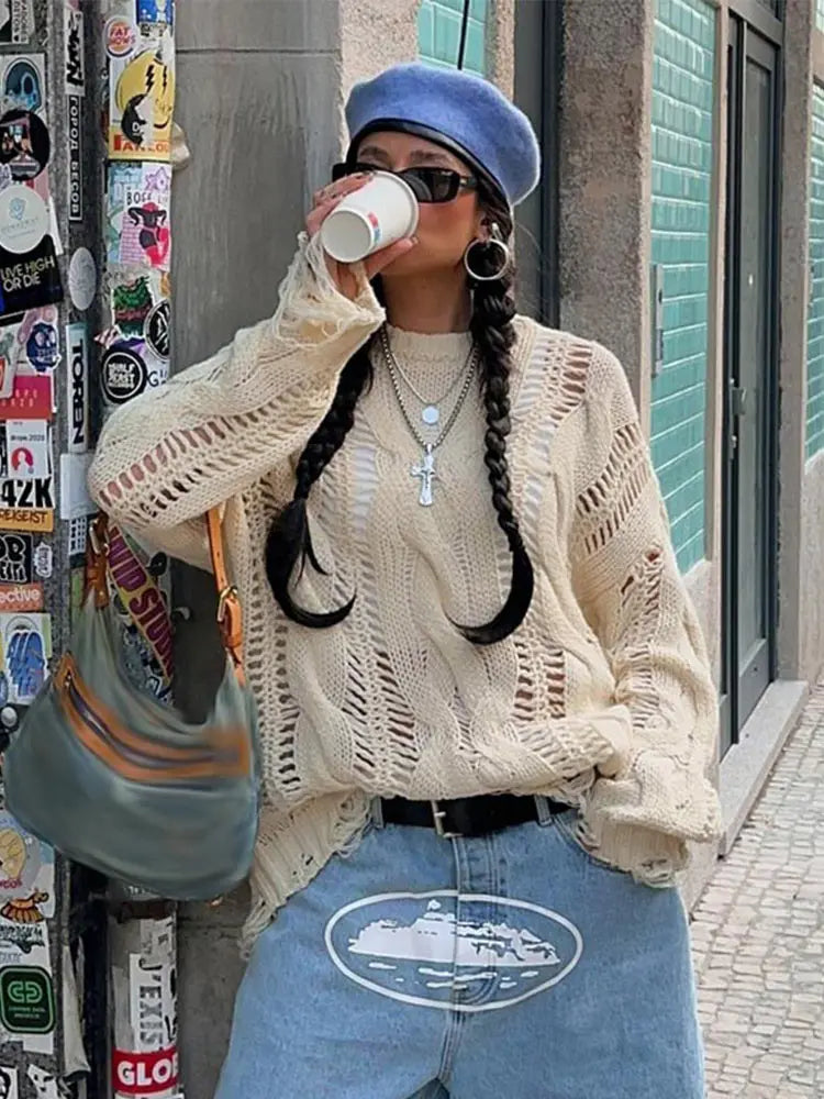 Twist Hollow Out Knit Sweater Women Chic O-neck Long Sleeve Loose Tassels Pullover Female 2025 Spring Solid Jumper Top Sweaters