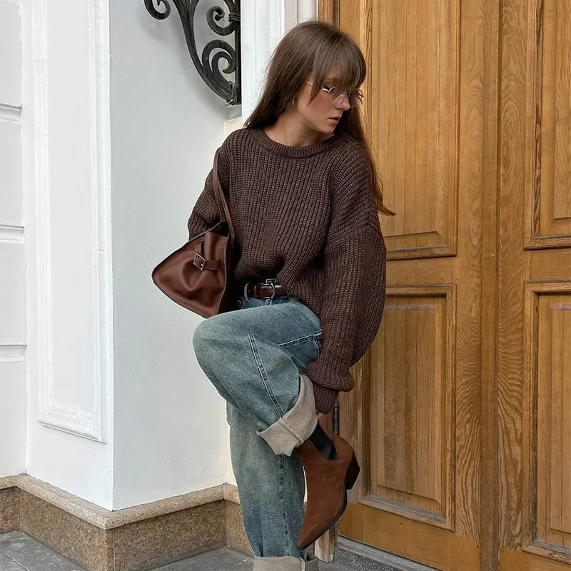 Vintage Women's Crochet Sweater Autumn Winter Loose O-neck Long Sleeve Solid Pullover Lady Knit All-match Knitwear Female Casual