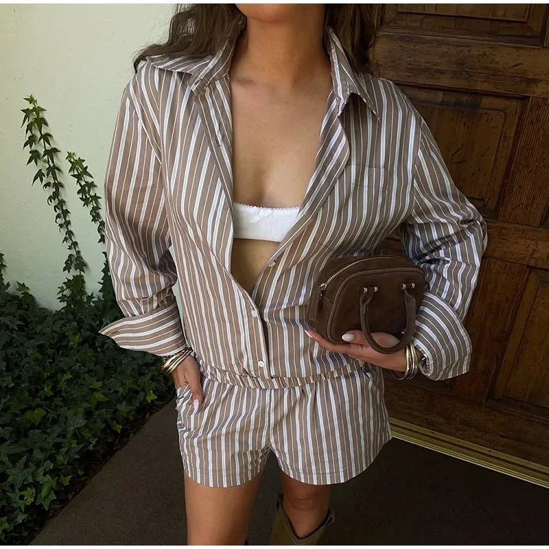 Casual Stripe Women Overalls Shorts Chic Long Sleeve Lapel Single Button Short Female Jumpsuit 2025 Summer Lady Street Romper