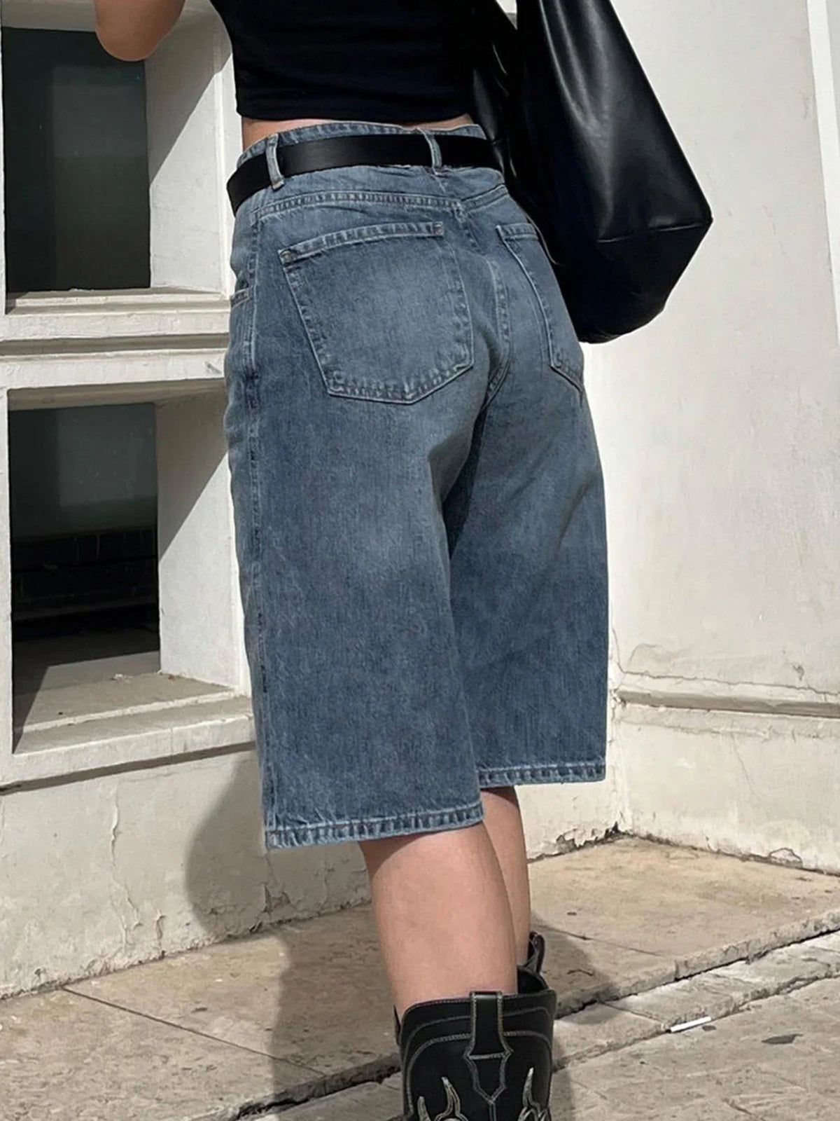 Blue Baggy knee-length Jeans Streetwear y2k High Waist Loose Mid-length Jeans for Women Summer Casual Basic Denim Pants