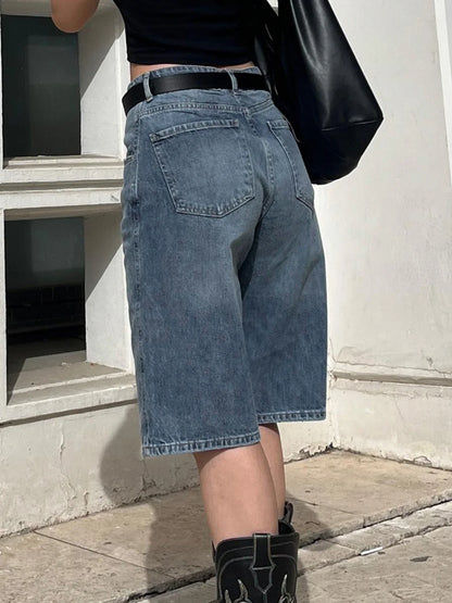 Blue Baggy knee-length Jeans Streetwear y2k High Waist Loose Mid-length Jeans for Women Summer Casual Basic Denim Pants