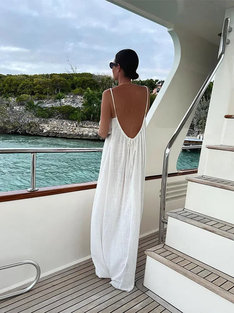 Sexy Backless Women's Side Split Loose Maxi Dress Fashion V-neck Sleeveless Sling Robe Female New Chic Vacation Vestido