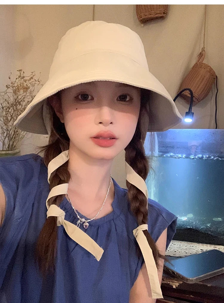 Korean Retro Red Strap Bucket Hats Summer Travel Versatile Sunscreen Show Face Small Sweet Beautiful Women's Caps