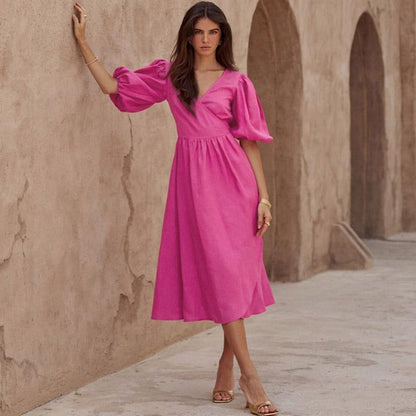 Puff Sleeve Wrap V Neck Side Slit Linen Midi Dress