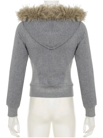 Preppy Style Fur Trim Hooded Sweatshirt Coats Winter Casual Warm Thick Zipper Long Sleeve Hoodies Women Streetwear