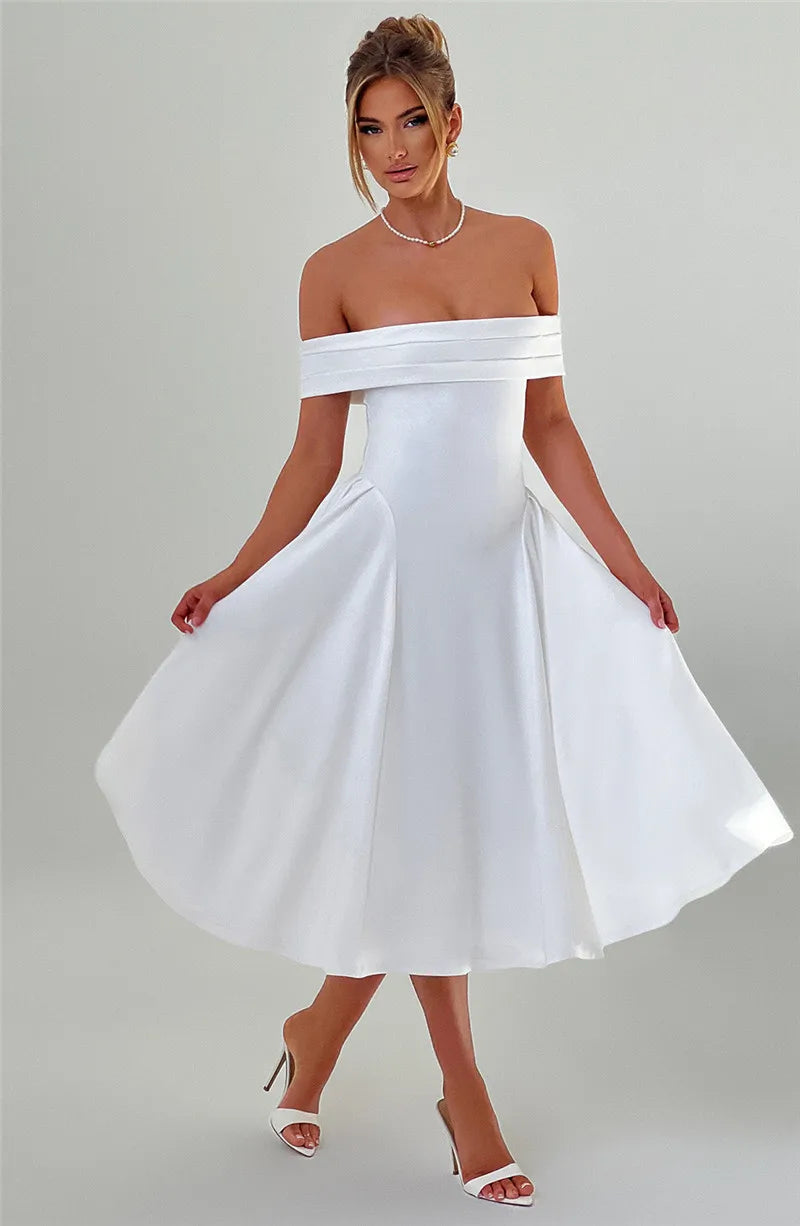 Off-Shoulder Folded Band Box Pleat Flare Midi Dress