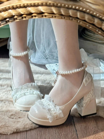 Original French Lace Pearl Lolita Shoes Autumn Fairy Round Head Thick Heels Japanese Girls' Tea Party Single Shoes