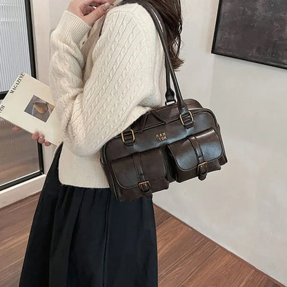 Fashion PU Leather Boston Shoulder Bag Large Capacity with Multi-Pockets Underarm Bag Solid Clutch Purse Girl
