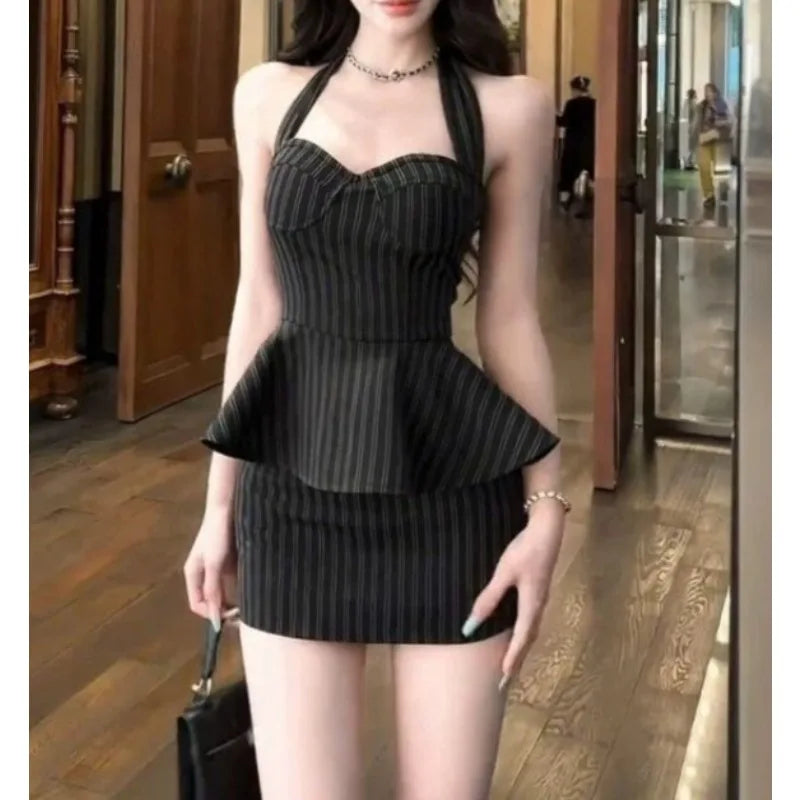 Large Size Slightly Fat Mm Sexy Neck Retro Striped Splicing Fake Two-piece Dress Women's Summer Pure Desire Hip Skirt