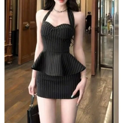 Large Size Slightly Fat Mm Sexy Neck Retro Striped Splicing Fake Two-piece Dress Women's Summer Pure Desire Hip Skirt