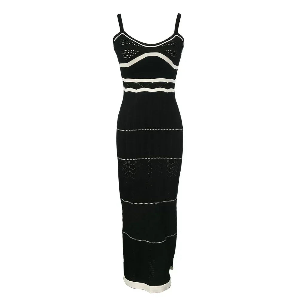 Striped Mixed Knit Scoop Neck Side Slit Maxi Dress