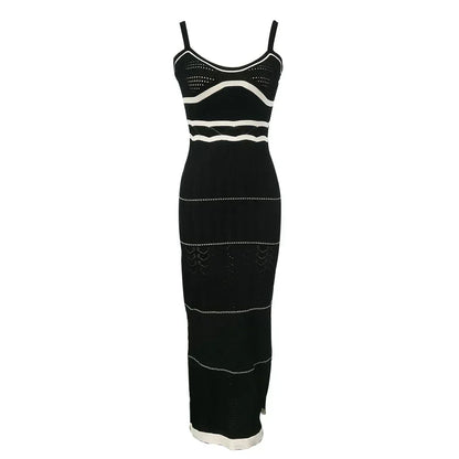 Striped Mixed Knit Scoop Neck Side Slit Maxi Dress