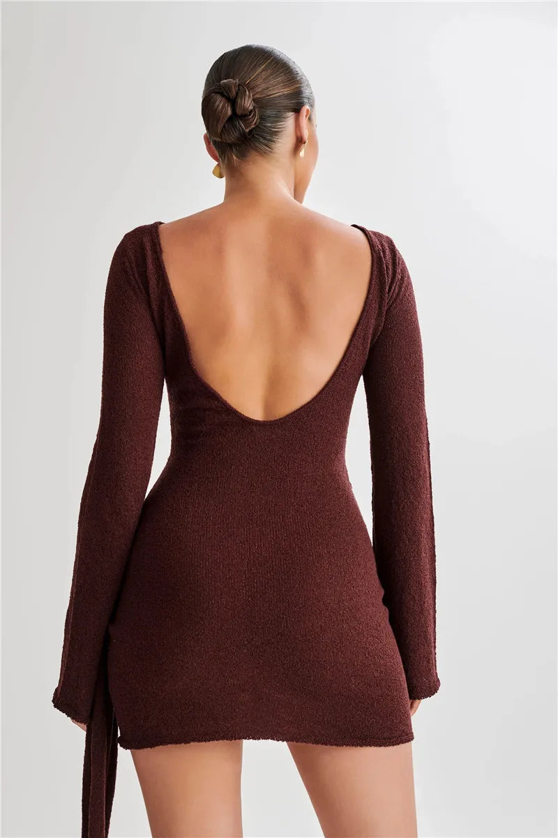 Boucle Knit Boat Neck Bell Sleeve Knot Detail Wrap Mini Dress