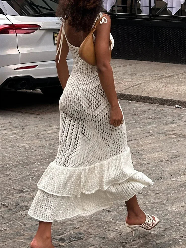 Open-Knit Halter Spaghetti Strap Tiered Ruffle Hem Midi Dress