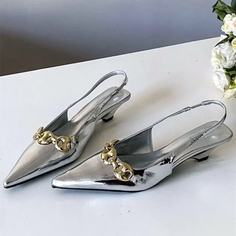 Sexy Pointed Toe Thin Low Heel Slingbacks Sandals Women Summer Elegant Metal Chain Decoration Women Pumps Casual Mules Shoes