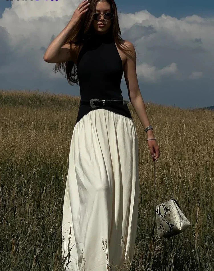 Halter Neck Belted A-Line Maxi Dress