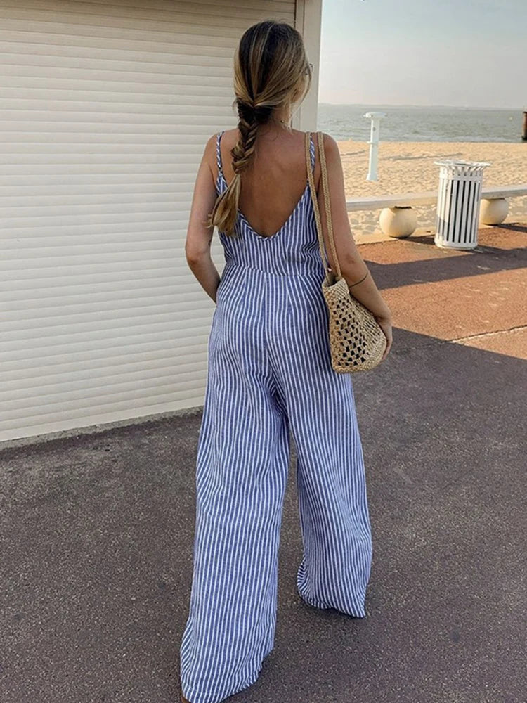 Fashion Causal Contrasting Stripes Long Jumpsuits Sexy Suspenders Deep V Backless Relaxed Fit Pants Summer Women Clothes