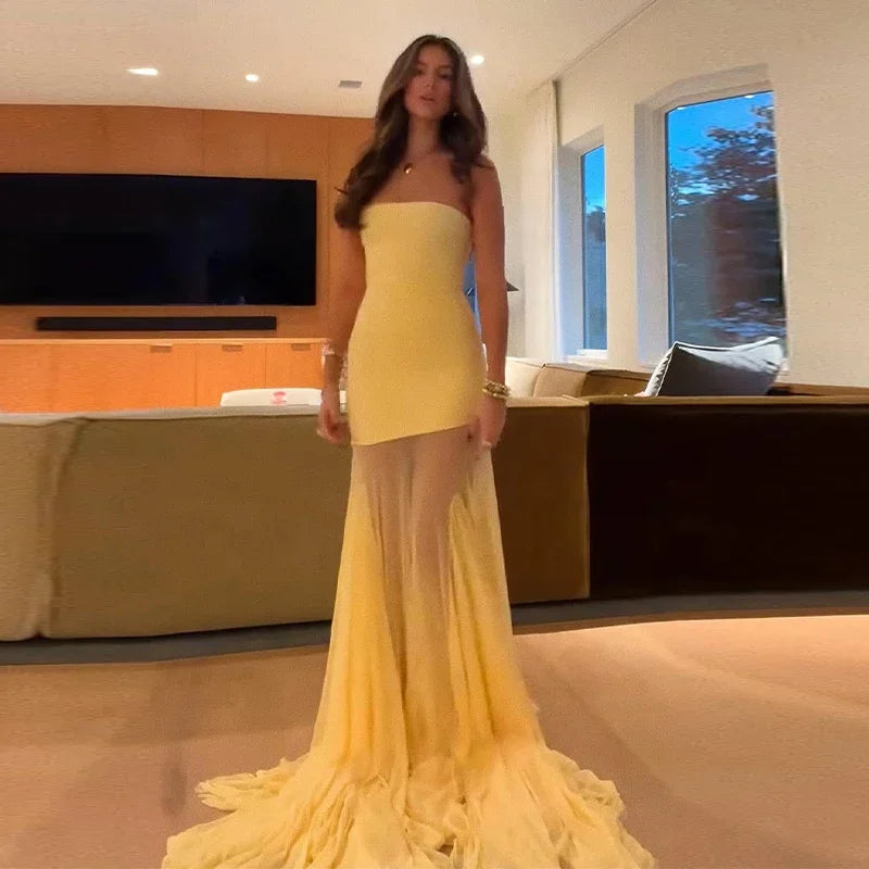 Sexy Strapless Spliced Long Fishtail Dress Women Sleeveless Backless See Through Party Dresses 2025 Summer Lady Elegant Robes