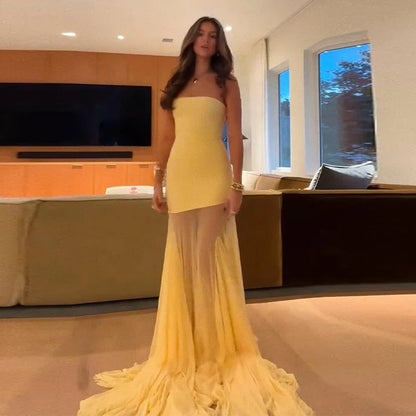 Sexy Strapless Spliced Long Fishtail Dress Women Sleeveless Backless See Through Party Dresses 2025 Summer Lady Elegant Robes