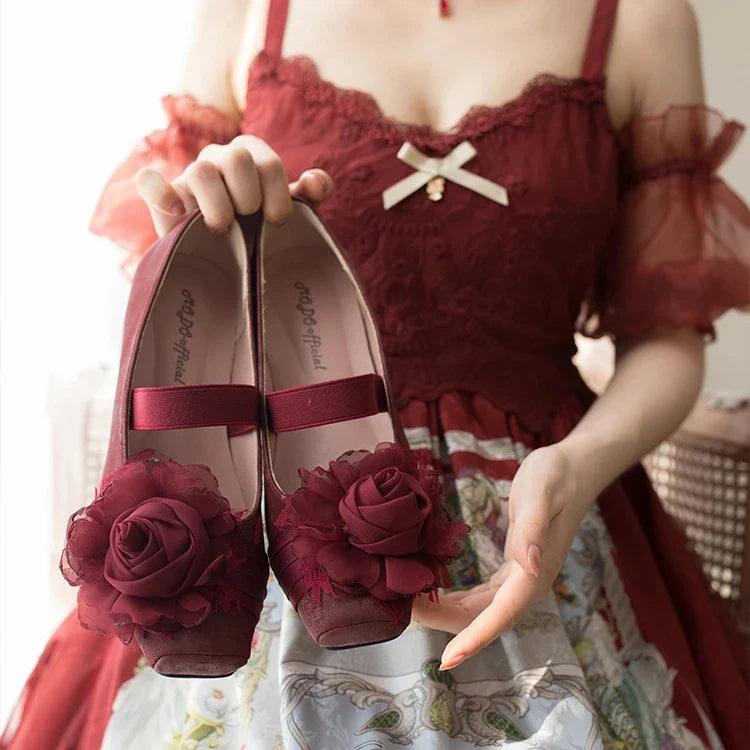 Sweet Lady Japanese Lolita Low-heeled Single Shoes Retro Elegant One-word Buckle with Ballet Style Square Head Mary Jane Shoes