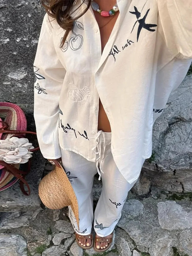 Cotton Linen Women's Trousers Set Long Sleeve Single Breasted Loose Shirt Wide Leg Pants Suits Summer Casual Lady Sets