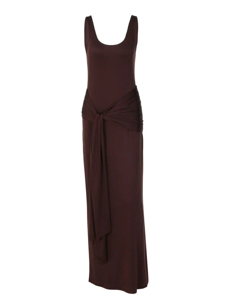 Elegant U-Neck Sleeveless Bodycon Long Dress Women's Solid Color Ribbon Tie-up Ruched Slim Maxi Dress for Date Night Party