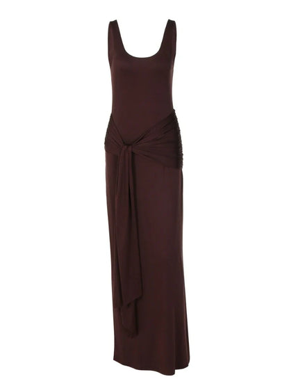 Elegant U-Neck Sleeveless Bodycon Long Dress Women's Solid Color Ribbon Tie-up Ruched Slim Maxi Dress for Date Night Party