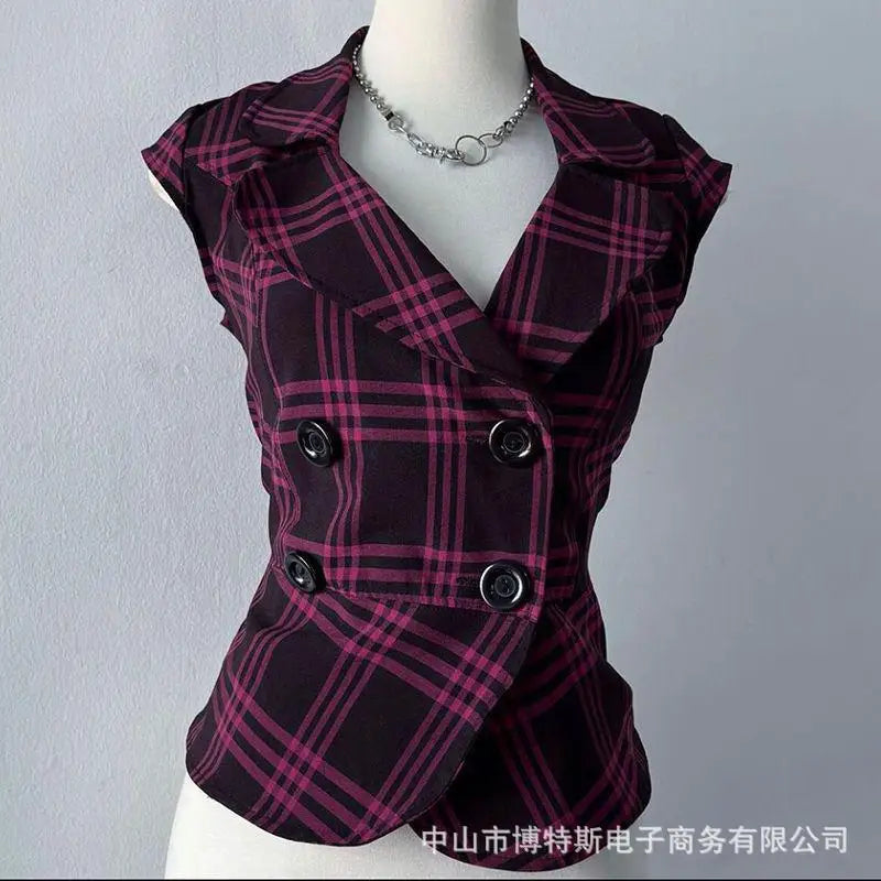 Vintage Sweet Cruel Plaid Veste Femme Slim Sleeveless Simple Office Lady All-match Vests Trendy Minority Hot Sell Fashion Coats