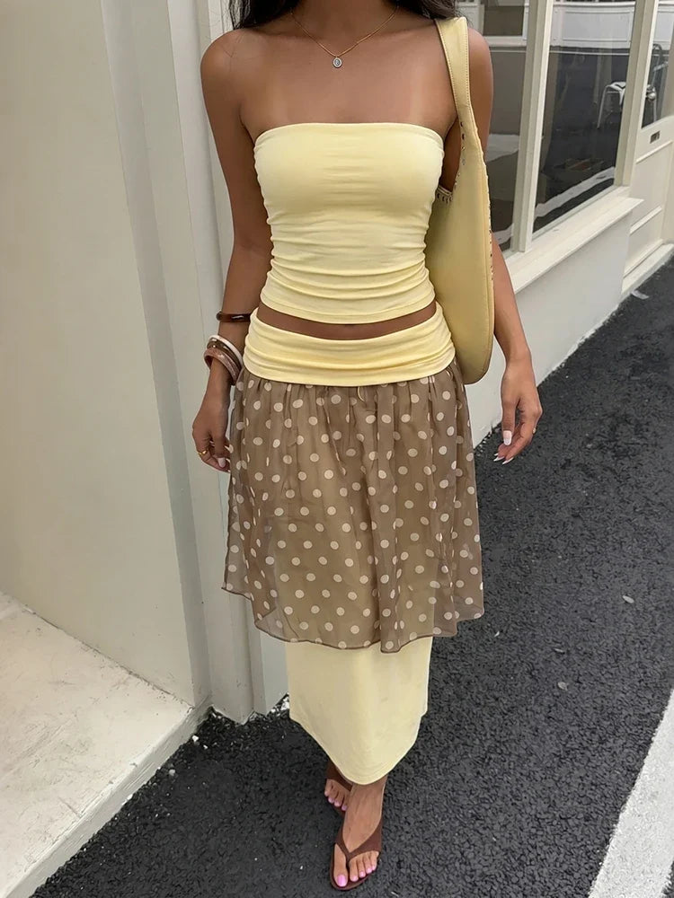 Fashion Elegant 2 Piece Set Women Sexy Trend Ruched Tank Tops+Polka Dot Print Mesh Patchwork Skirts Party Street Suit