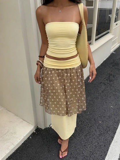 Fashion Elegant 2 Piece Set Women Sexy Trend Ruched Tank Tops+Polka Dot Print Mesh Patchwork Skirts Party Street Suit