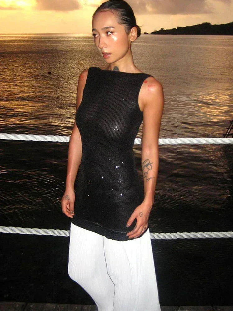 Sequin Bodice Pleated Contrast Skirt Sleeveless Maxi Dress