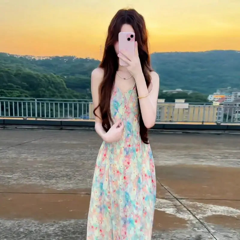 New Pink V-Neck Floral Print Halter Dress Women's Summer Vacation Style Long Dress Tea Break Sweet High Waist A-Line Skirt