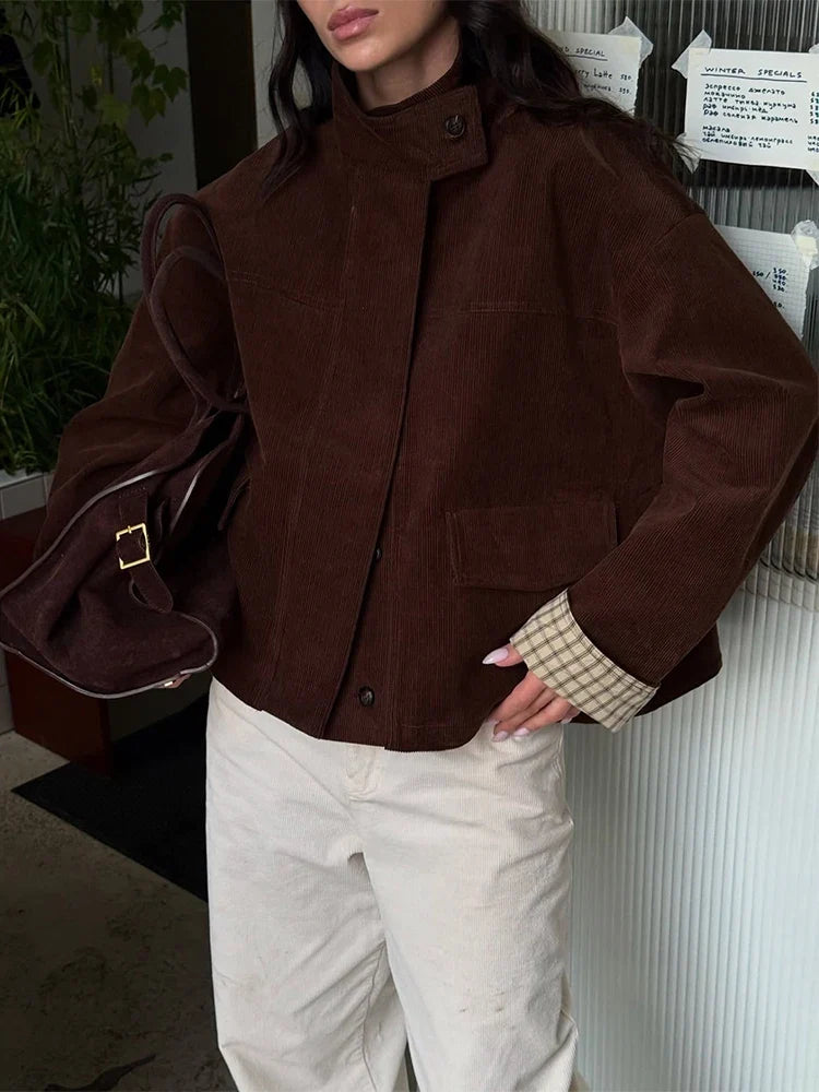 Autumn Chic Plaids Linen Solid Corduroy Coats Elegant Female Stand Collar Zipper Long Sleeves Jacket Fashion Lady Street Outwear