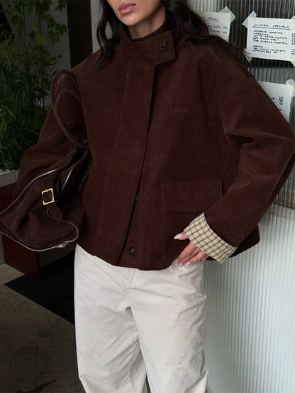Autumn Chic Plaids Linen Solid Corduroy Coats Elegant Female Stand Collar Zipper Long Sleeves Jacket Fashion Lady Street Outwear