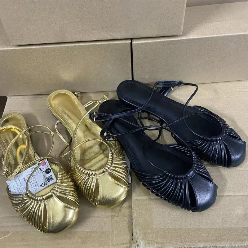 Summer Retro Round Toe Women Gladiator Sandals Ankle Strap Breathable Hollow Out Design Beach Flat Shoes for Female