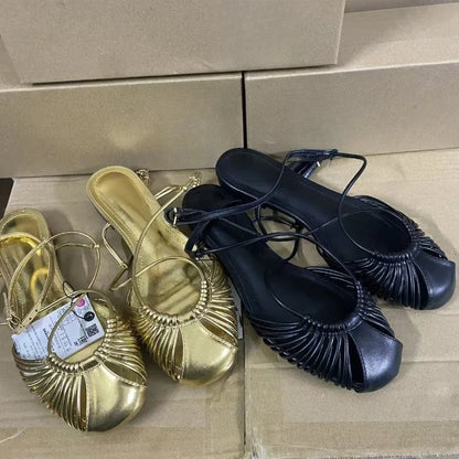 Summer Retro Round Toe Women Gladiator Sandals Ankle Strap Breathable Hollow Out Design Beach Flat Shoes for Female
