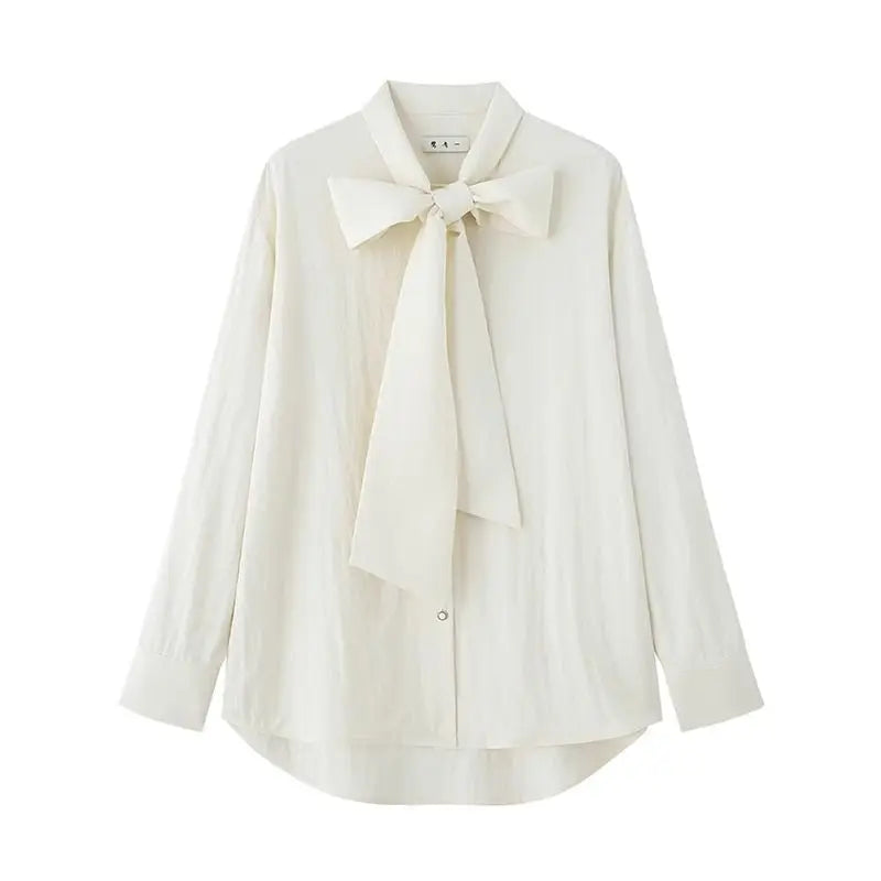 Elegant Beige Blouse Women Chic Bow Tie Long Sleeve Shirt Female Oversized Office Ladies Fashion Vintage Spring Clothes