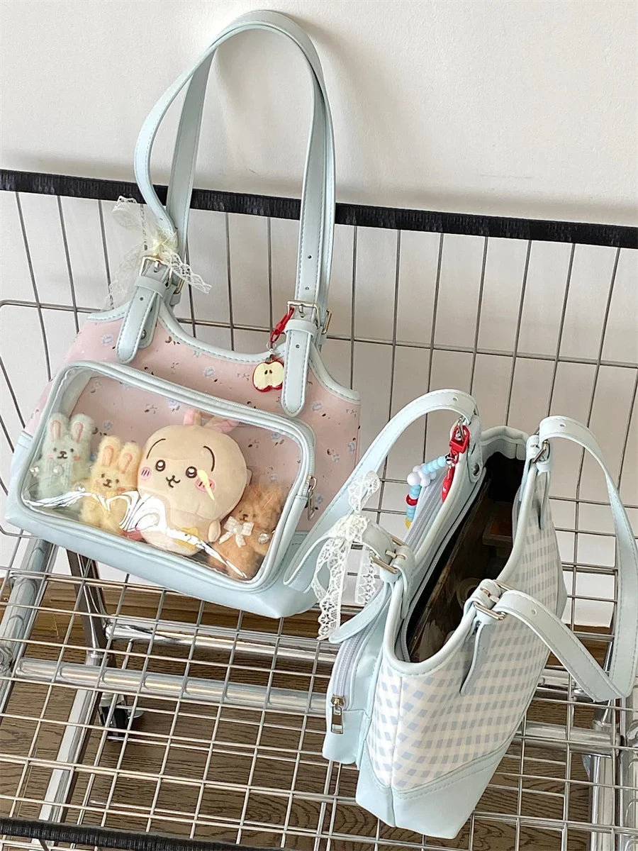 Original Lolita Sky Blue Plaid Small Capacity Transparent Pain Bag 10cm Baby Bag Daily Commuting Class Portable Shoulder Bag