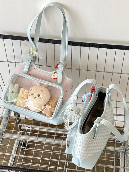 Original Lolita Sky Blue Plaid Small Capacity Transparent Pain Bag 10cm Baby Bag Daily Commuting Class Portable Shoulder Bag