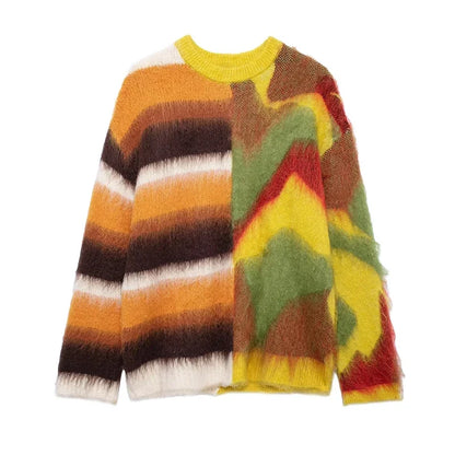 Mohair Contrast Color Knitted Sweater Women Chic Jacquard Loose Striped O-neck Long Sleeve Pullover Soft Furry Autumn Jumper