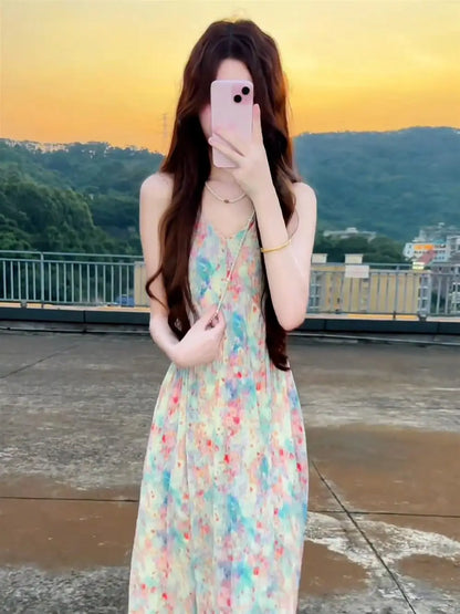New Pink V-Neck Floral Print Halter Dress Women's Summer Vacation Style Long Dress Tea Break Sweet High Waist A-Line Skirt