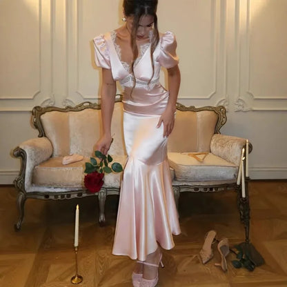 Fashion Satin Lace Long Dress Women V Neck Puff Sleeve Slim Elegant Luxury Party Evening Dress Female Mermaid Dress