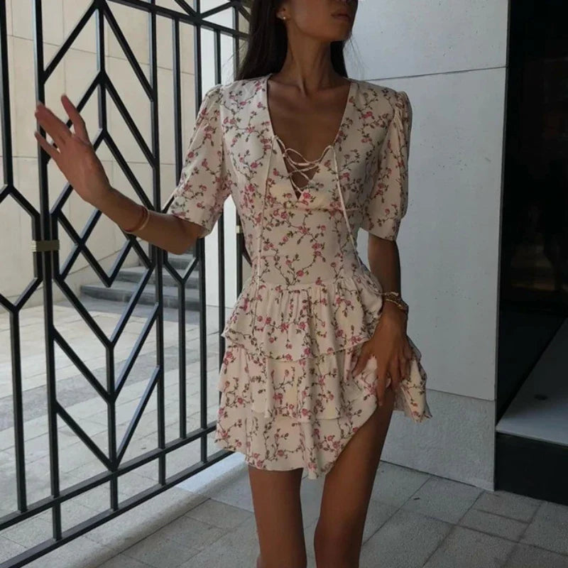 V Neck Short Sleeve Lace Up Summer Short Dresses Women Casual Vacation Mini Print Dresses A Line Corset Cake Layered Dress