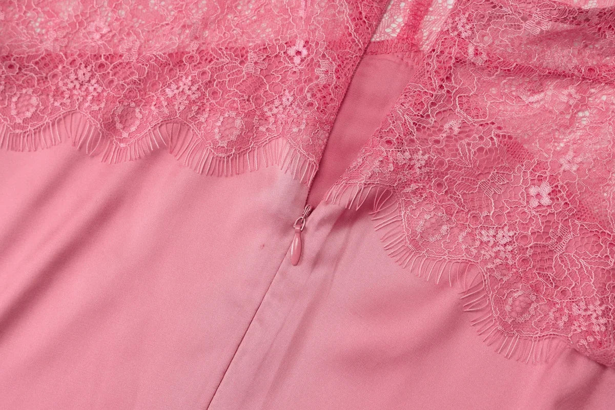 Lace Patchwork Vacation Beach Dresses for Women Summer Sexy Halter Neck Backless Long Maxi Pink Birthday Party Prom Dress