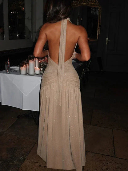 Glitter Halter Plunge V Neck Ruched Slit Maxi Dress
