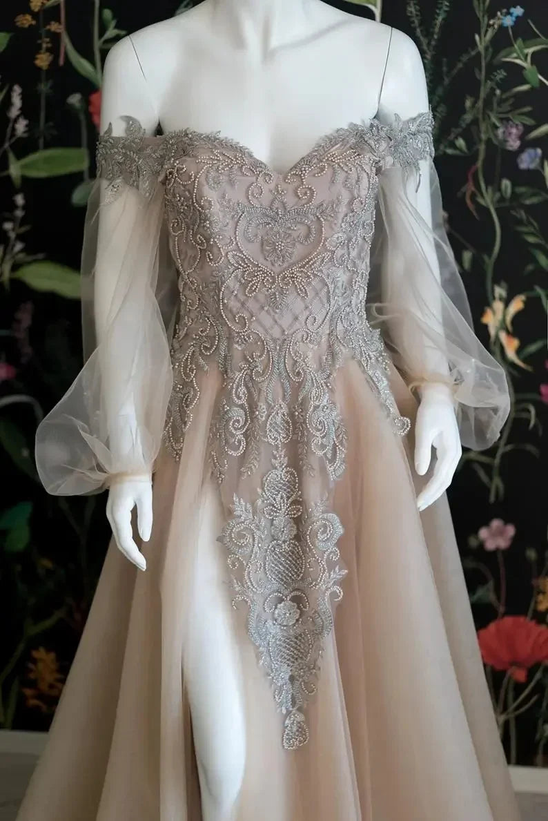 Champagne Evening Gowns Applique Beads Maxi Dresses With Split فساتين سهره فاخره Fairy Style Prom Gowns Sequined Long Sleeves
