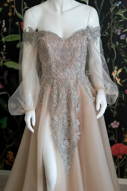 Champagne Evening Gowns Applique Beads Maxi Dresses With Split فساتين سهره فاخره Fairy Style Prom Gowns Sequined Long Sleeves