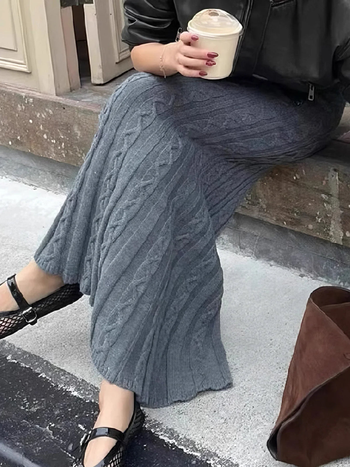Casual Slim Twists Knitted Trumpet Skirt Basic Solid Mid-Waisted Maxi Skirts Women Autumn Winter Elegant Fashion